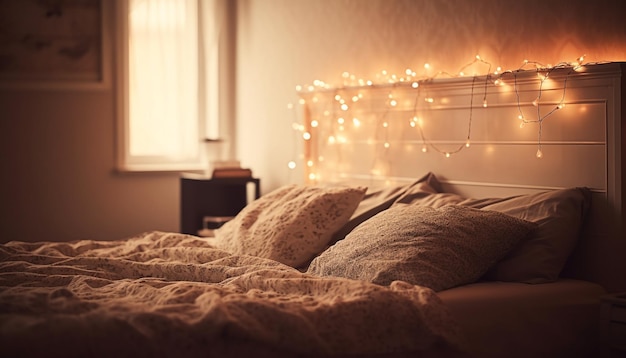 Cozy bed in modern bedroom illuminated by lamp generated by AI