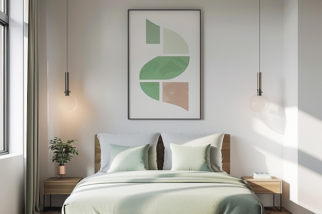 Cozy bed room with green pastel design illustration