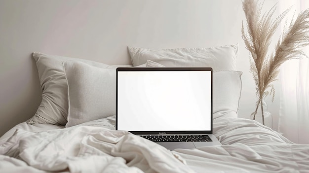 Cozy Bed Scene with Laptop Pillows and Linens