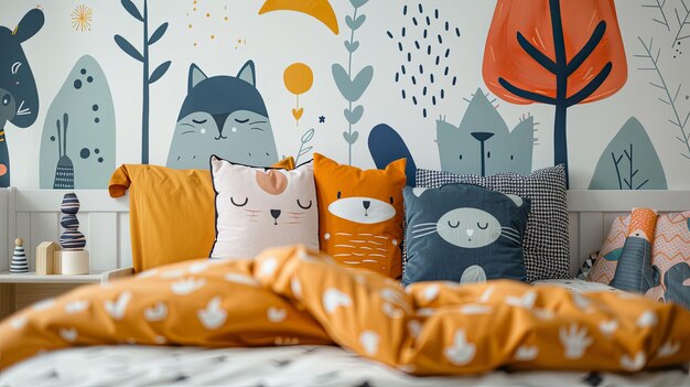 Cozy Bed with AnimalThemed Pillows and a Whimsical Mural