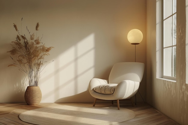 Cozy Bedroom Corner with Armchair and Reading Lamp A minimalist bedroom corner mockup with a cozy armchair and a sleek reading lamp