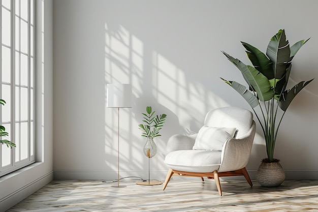 Cozy Bedroom Corner with Armchair and Reading Lamp A minimalist bedroom corner mockup with a cozy armchair and a sleek reading lamp