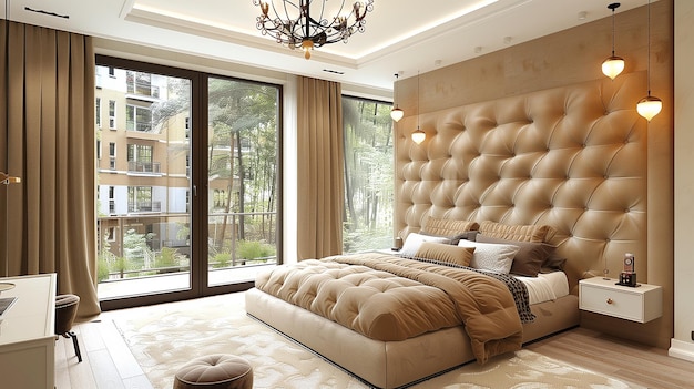 A cozy bedroom design with a focus on natural materials such as wood and linen