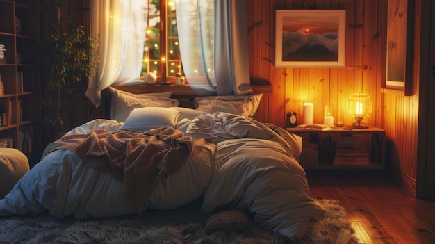 A cozy bedroom interior featuring plush bedding soft lighting and warm decor