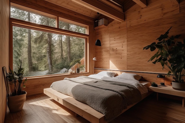 Cozy bedroom is nestled in an ecofriendly home amidst the forest Generative AI