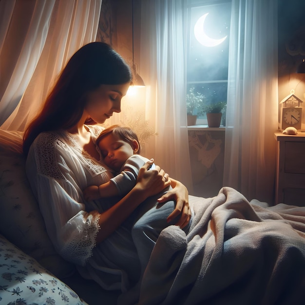 In a cozy bedroom a mother soothes her child to sleep with a lullaby amidst the soft glow of moonl