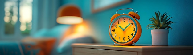 Photo a cozy bedroom scene featuring an orange alarm clock and a plant