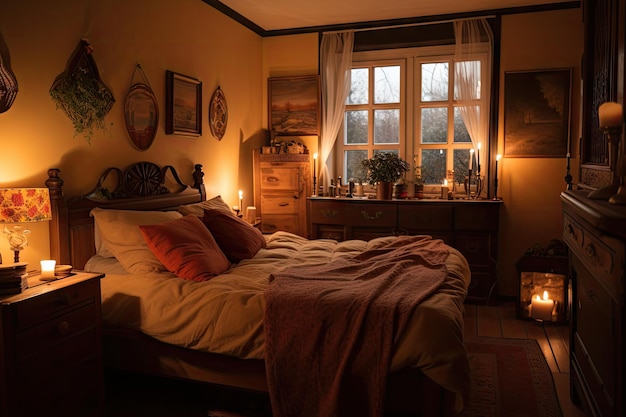 Cozy bedroom with candlelit ambiance and soft music playing in the background