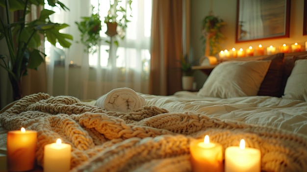 Cozy Bedroom with Candles and Knit Blanket