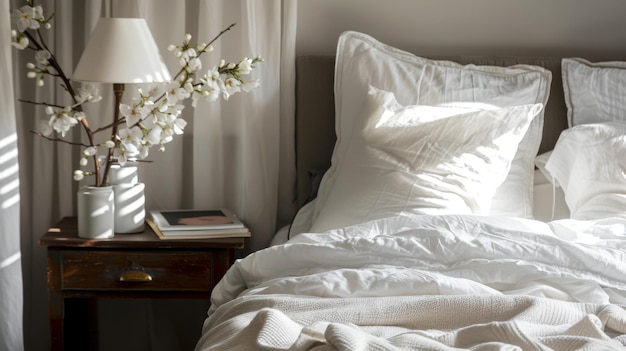 A cozy bedroom with a comfortable bed soft white linens and a bedside table with a reading lamp and a book