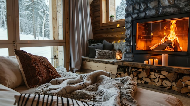 A cozy bedroom with a fireplace a large window with a snowy view and a bed with pillows and blankets