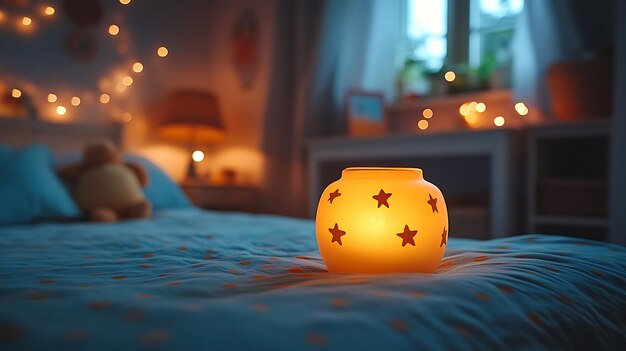 Photo a cozy bedroom with a glowing starpatterned lantern