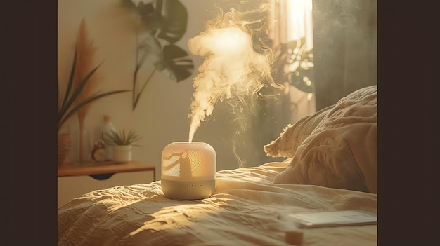 Photo cozy bedroom with a humidifier releasing steam on a sunny morning peaceful and serene ambiance for relaxation and comfort