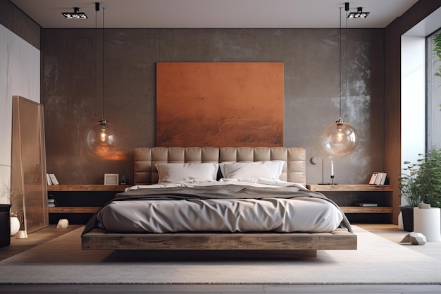 Cozy bedroom with a kingsize bed and an abstract painting as the focal point