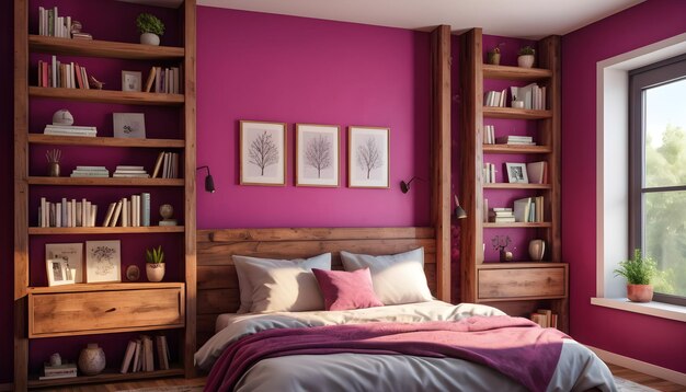 a cozy bedroom with magenta accent walls and a rustic wooden headboard featuring builtin shelves