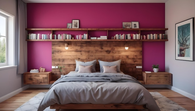 a cozy bedroom with magenta accent walls and a rustic wooden headboard featuring builtin shelves