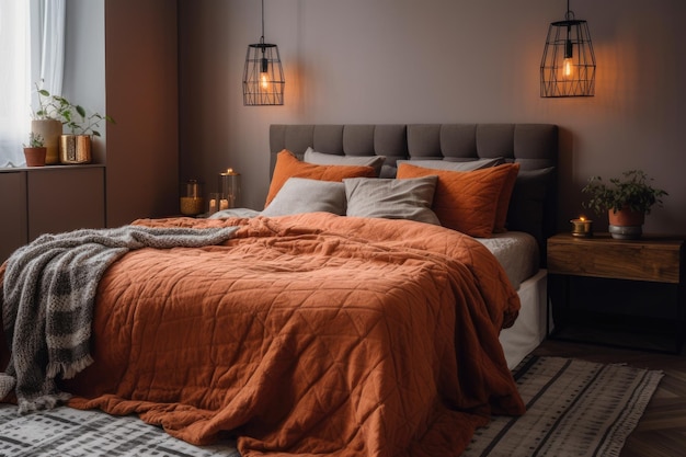 Cozy bedroom with an orange comforter on the bed Generative AI