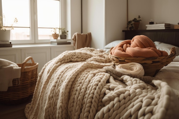 A cozy bedroom with a quilt and blanket a basket of yarn and knitting needles on the bed created with generative ai