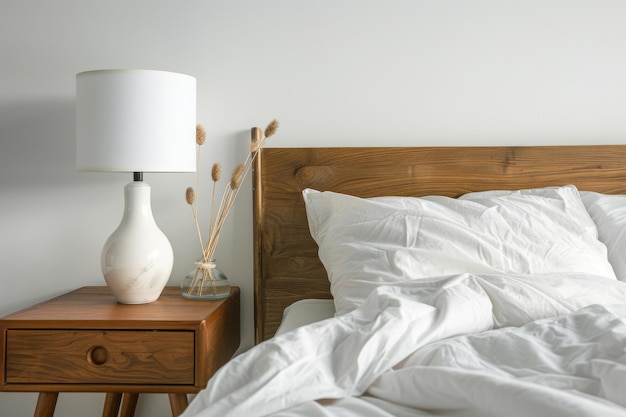 Photo cozy bedroom with unmade bed and bedside lamp in natural light