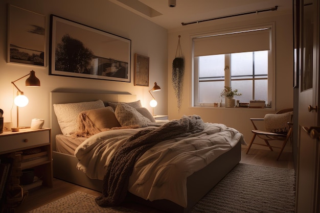 Cozy bedroom with warm lighting and soft textures