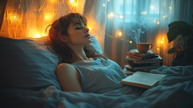 Photo cozy bedroom with woman sleeping after reading and hot drink