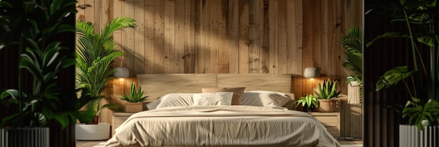 Photo cozy bedroom with wooden walls and lush plants