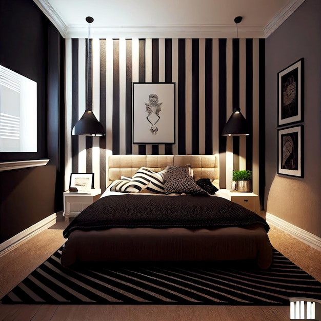 Cozy beige carpet with black stripes on wall of interior bedroom