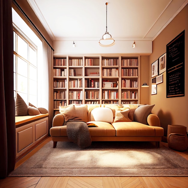 Cozy beige carpet with large sofa under window and bookshelf on wall