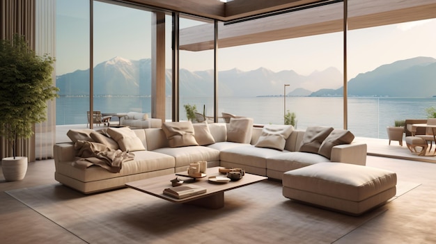 cozy beige sofa in spacious room with terrace luxury