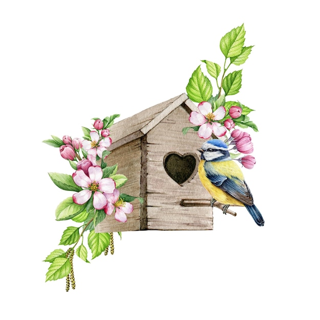 Cozy birdhouse with flowers spring leaves and chickadee Watercolor realistic illustration