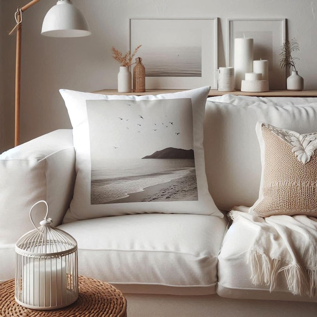 Photo cozy blank pillow enhances the comfort of a modern living room