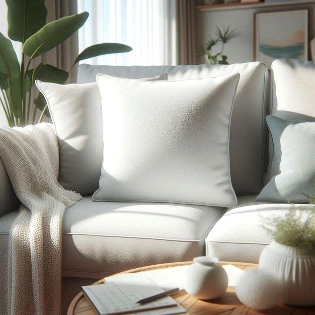 Cozy blank pillow enhances the comfort of a stylish living room