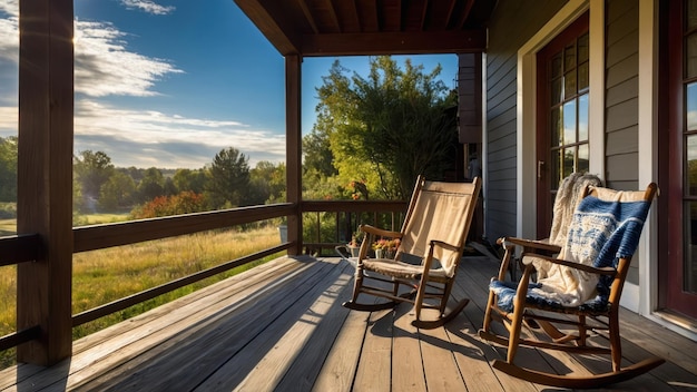 A cozy blanket draped over a rocking chair on a sunlit porch perfect for relaxation and tranquility