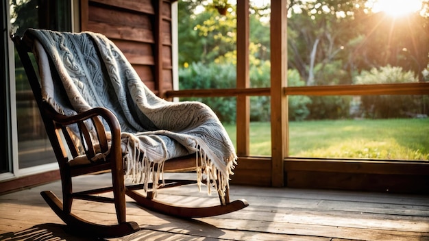 Photo a cozy blanket draped over a rocking chair on a sunlit porch perfect for relaxation and tranquility