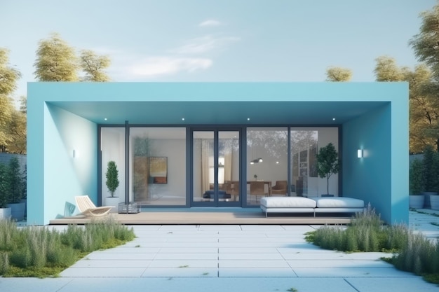 Cozy blue house with a furnished patio Generative AI