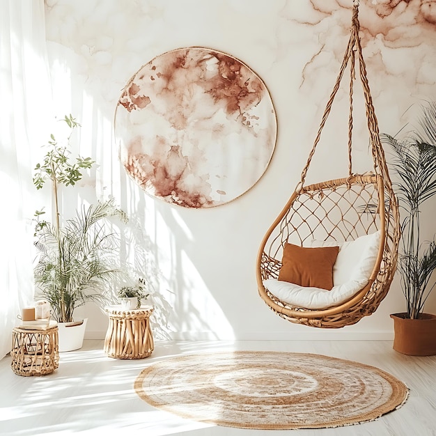 Cozy Bohemian Living Room with Hanging Chair Plants and a Round Rug