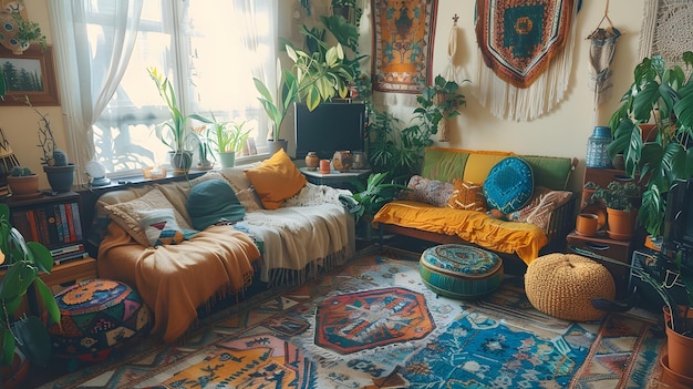 Cozy bohemian living room with plants Generative Ai