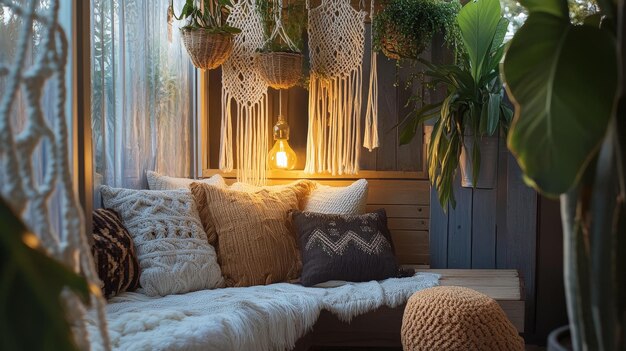 Photo a cozy bohemian nook with hanging macrame planters soft lighting and a mix of patterned textiles creating a serene and inviting retreat