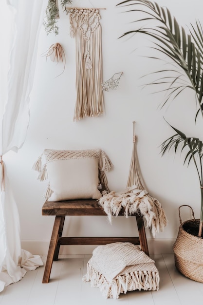 Photo cozy boho living room with natural textiles and greenery