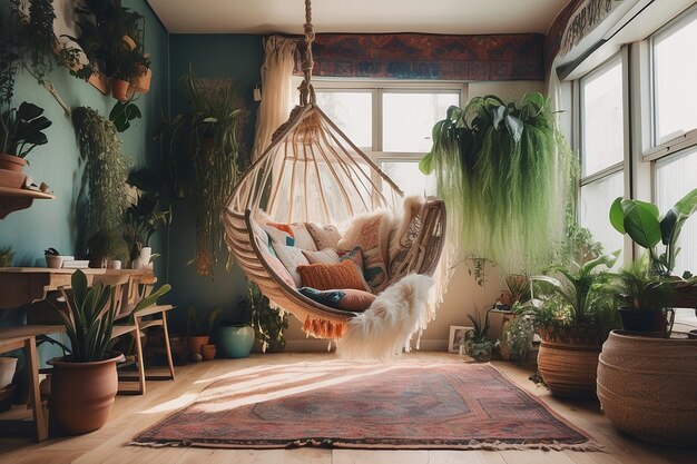 A cozy bohochic living room with a macrame hanging chair a plush rug and plenty of indoor plants