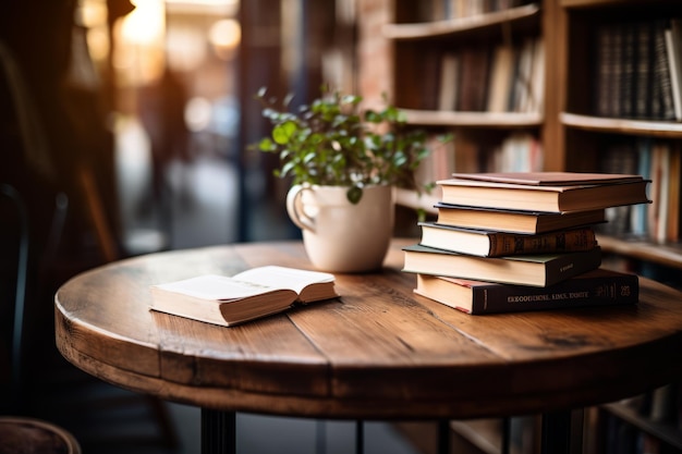 Cozy book cafe corner with wood table and blurred shelves ideal for literary products