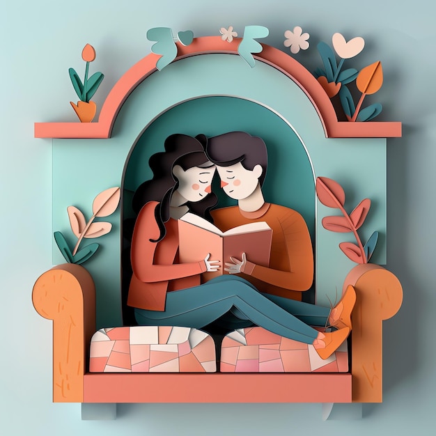 Cozy Book Nook Valentine Day background paper cut