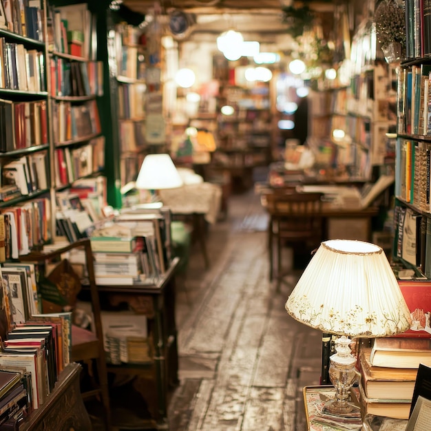 Photo cozy bookshop interior with lamp and bookshelves