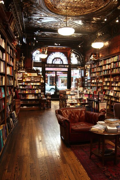 Photo cozy bookstore interior with leather chair and bookshelves