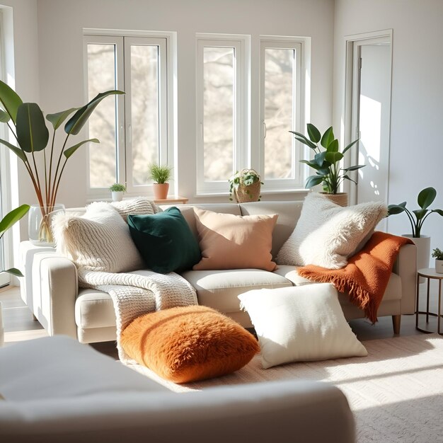 Photo a cozy and bright living room with sunlight and indoor plants