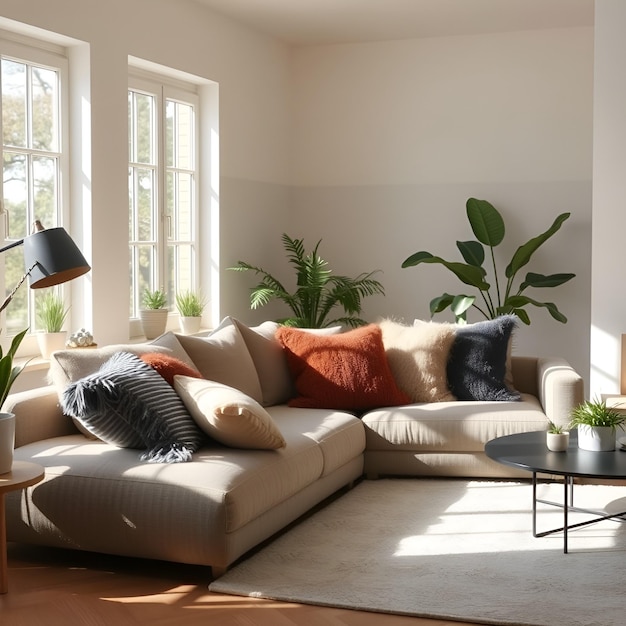 Photo a cozy and bright living room with sunlight and indoor plants