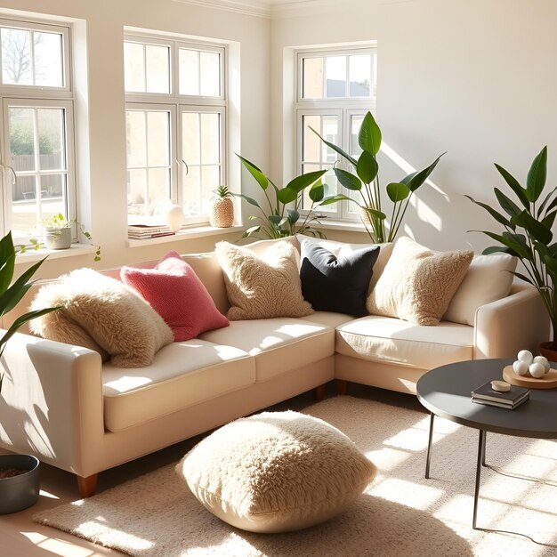 Photo a cozy and bright living room with sunlight and indoor plants