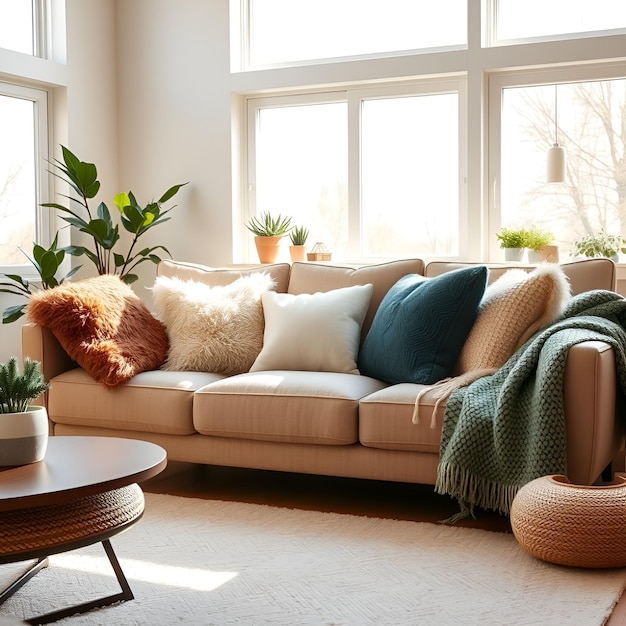 Photo a cozy and bright living room with sunlight and indoor plants