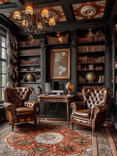 Cozy British Inspired Study Room With Leather Chesterfield Armcha Interior Layout Creative Decor