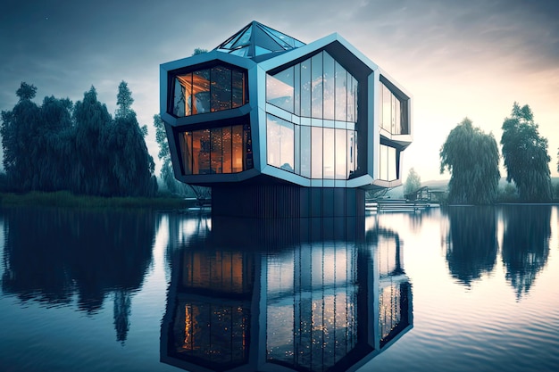 Cozy building with design and large windows modern futuristic building with high windows on water hitech style house exterior